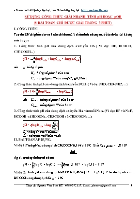 Luyện thi THPT Quốc gia môn Hóa học - Sử dụng công thức giải nhanh tính pH hoặc pOH - Nguyễn Văn Phú